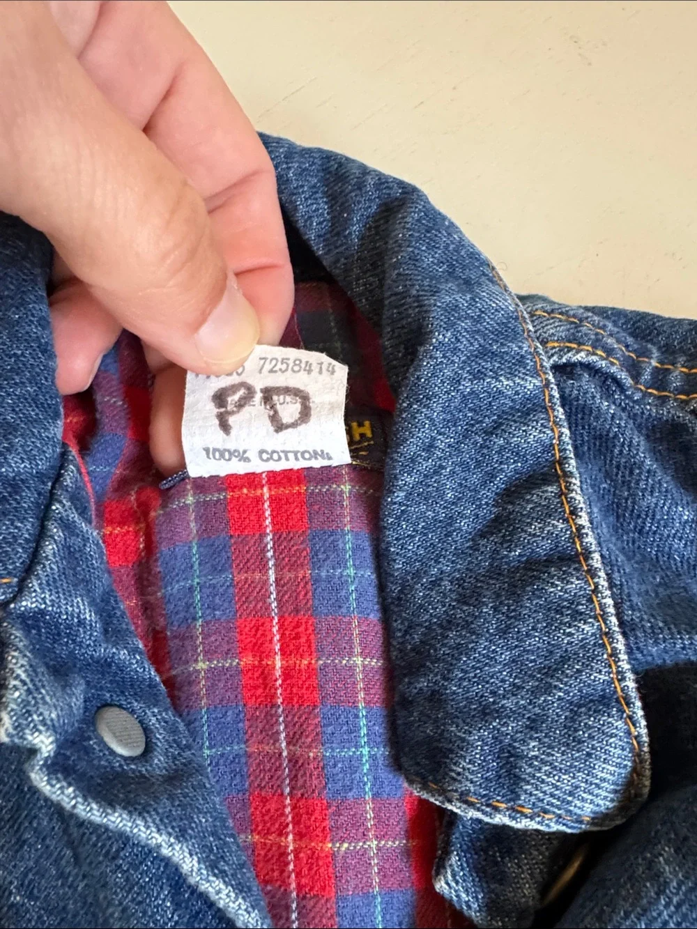 Vintage 80s OshKosh B'gosh Blue Denim Jacket with Red Plaid Accents